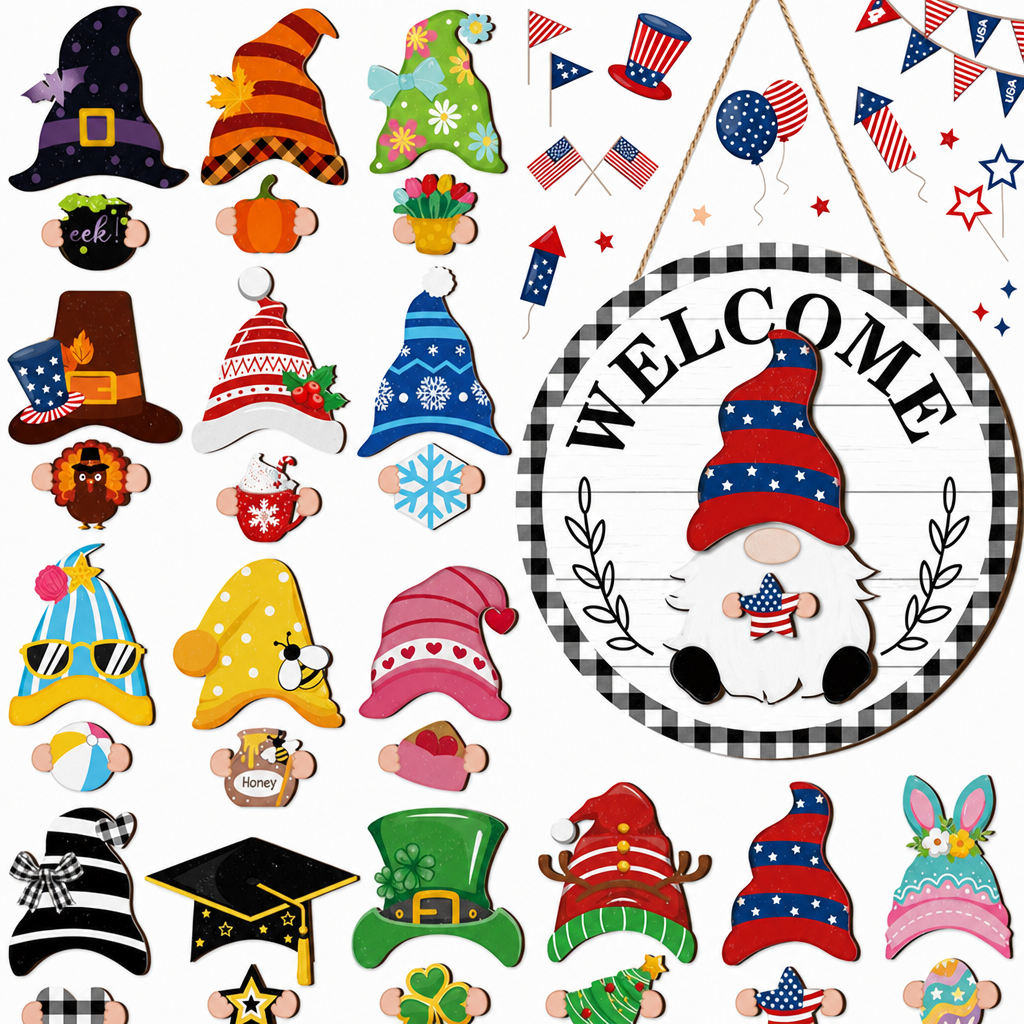 Interchangeable Wooden Gnome Welcome Sign Holiday Hanging Plaque for Christmas and Halloween Wall Decor