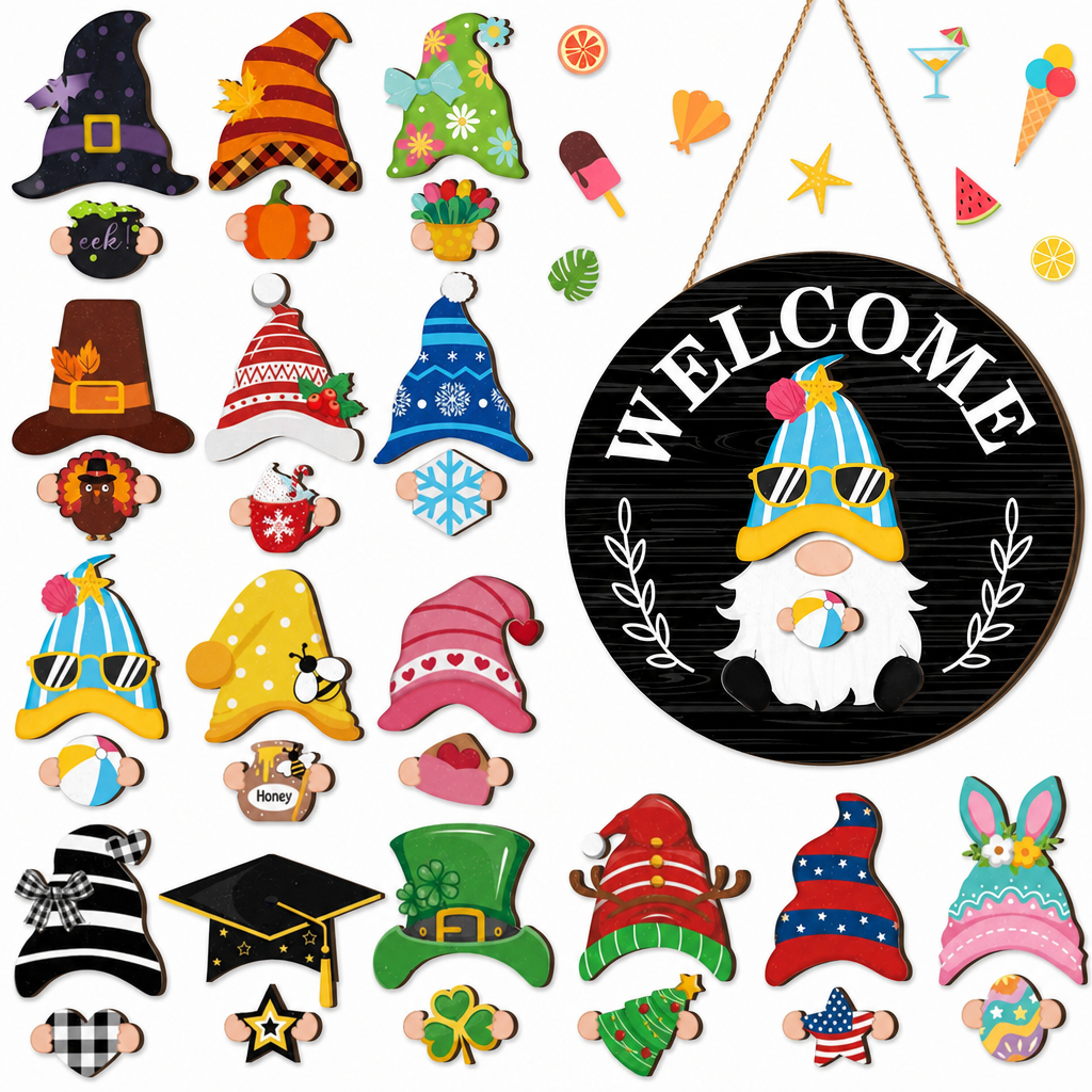 Interchangeable Wooden Gnome Welcome Sign Holiday Hanging Plaque for Christmas and Halloween Wall Decor