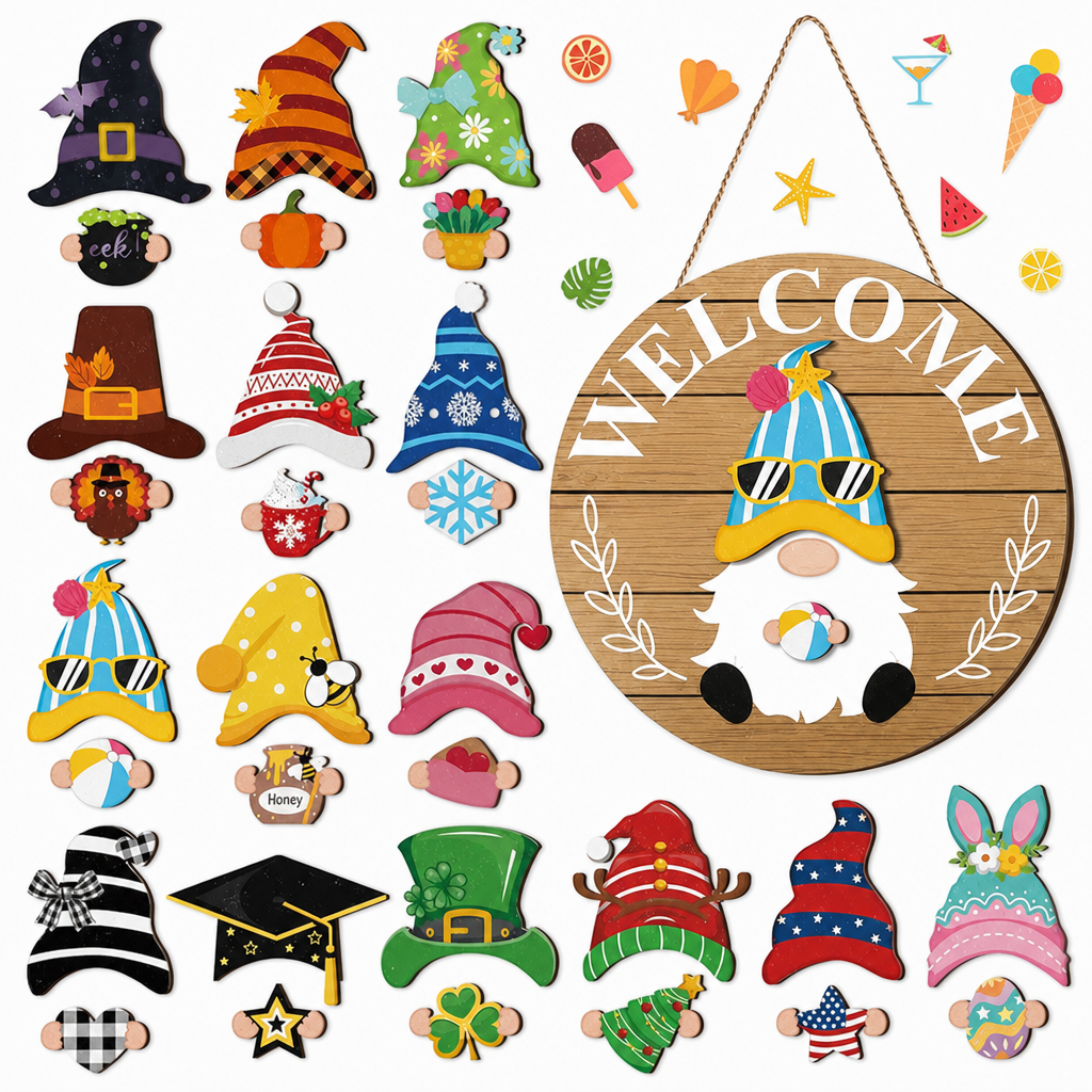 Interchangeable Wooden Gnome Welcome Sign Holiday Hanging Plaque for Christmas and Halloween Wall Decor