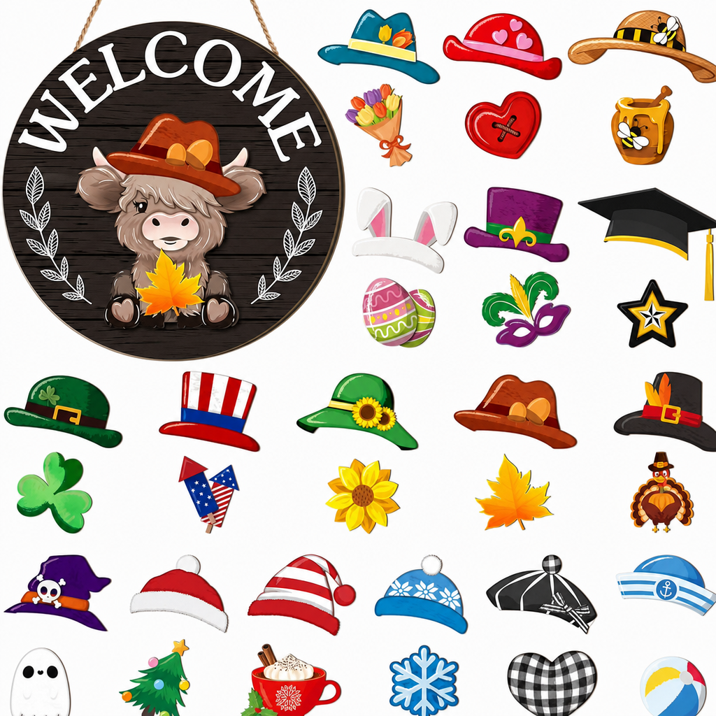 Interchangeable Wooden Gnome Welcome Sign Holiday Hanging Plaque for Christmas and Halloween Wall Decor