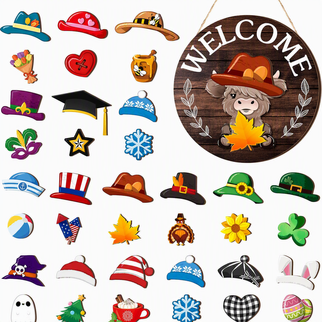 Interchangeable Wooden Gnome Welcome Sign Holiday Hanging Plaque for Christmas and Halloween Wall Decor
