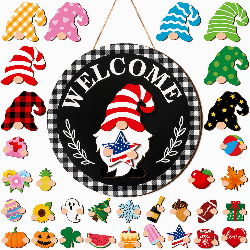 Interchangeable Wooden Gnome Welcome Sign Holiday Hanging Plaque for Christmas and Halloween Wall Decor