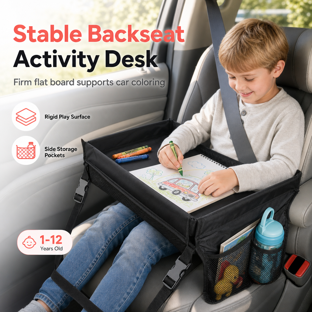 Kids Car Seat Travel Tray Activity Desk with Lap Drawing Board and Baby Stroller Backseat Hanging Storage Organizer Bag