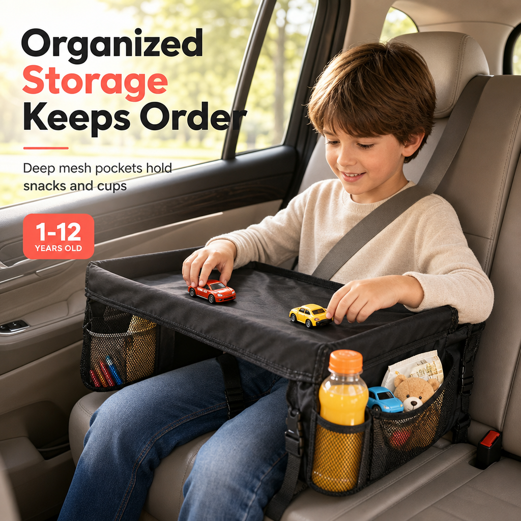 Kids Car Seat Travel Tray Activity Desk with Lap Drawing Board and Baby Stroller Backseat Hanging Storage Organizer Bag