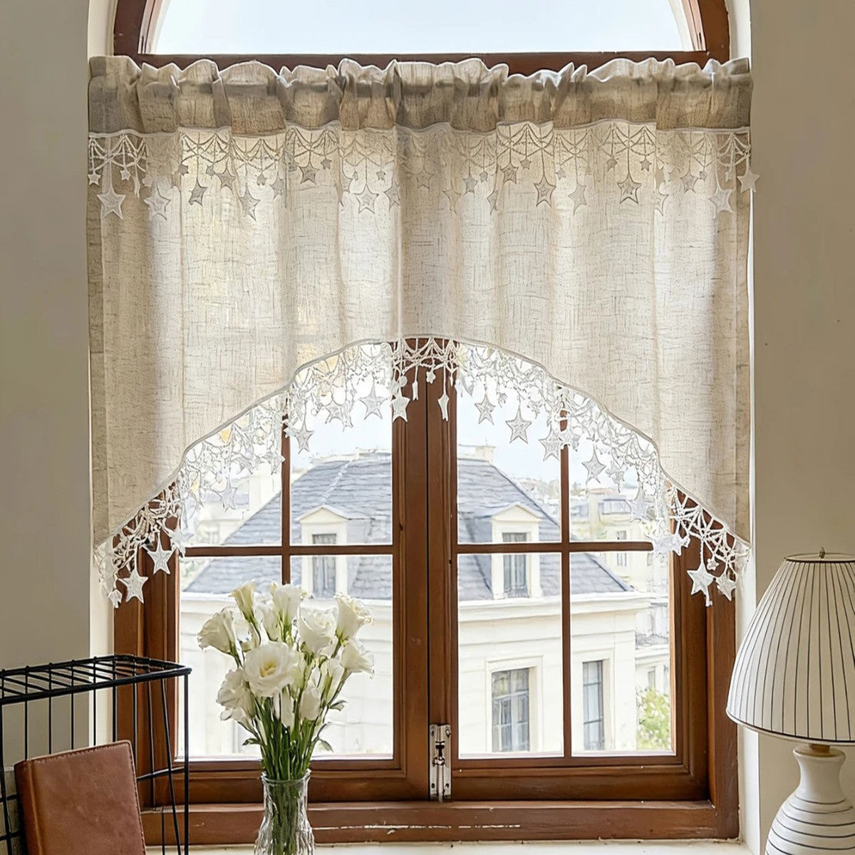 ⭐ Star Lace Trim Curtain: Arched Design, Rod Pocket, Premium Blend