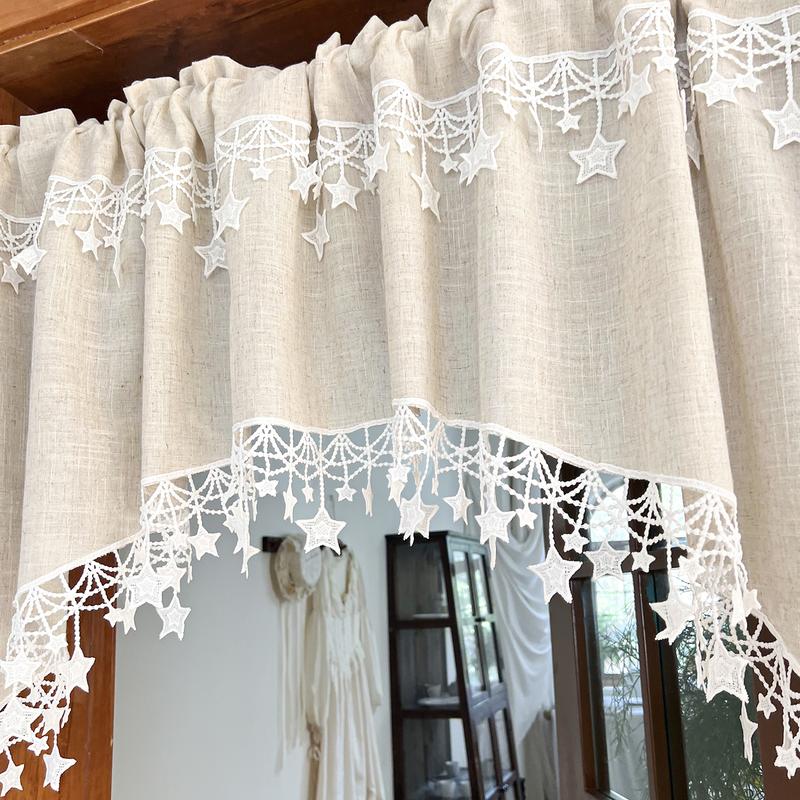 ⭐ Star Lace Trim Curtain: Arched Design, Rod Pocket, Premium Blend