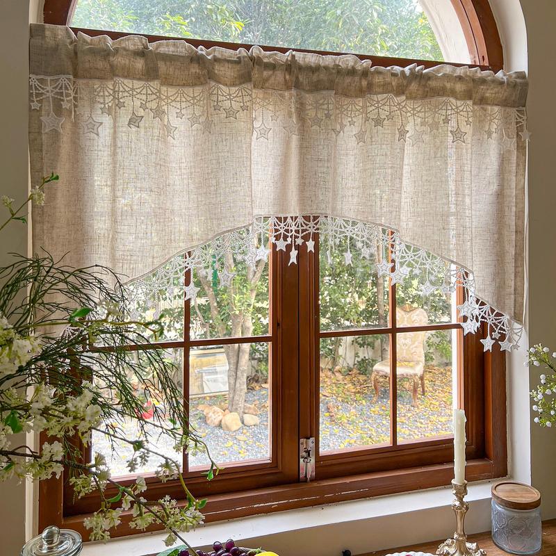 ⭐ Star Lace Trim Curtain: Arched Design, Rod Pocket, Premium Blend