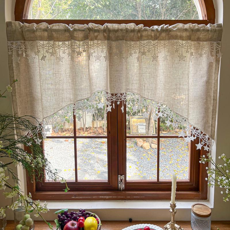 ⭐ Star Lace Trim Curtain: Arched Design, Rod Pocket, Premium Blend