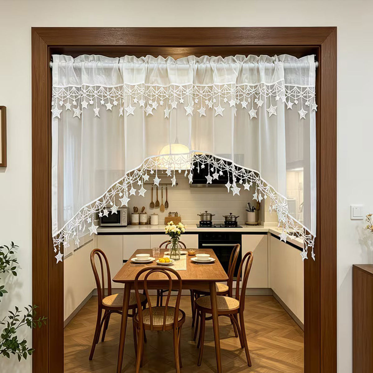 ⭐ Star Lace Trim Curtain: Arched Design, Rod Pocket, Premium Blend
