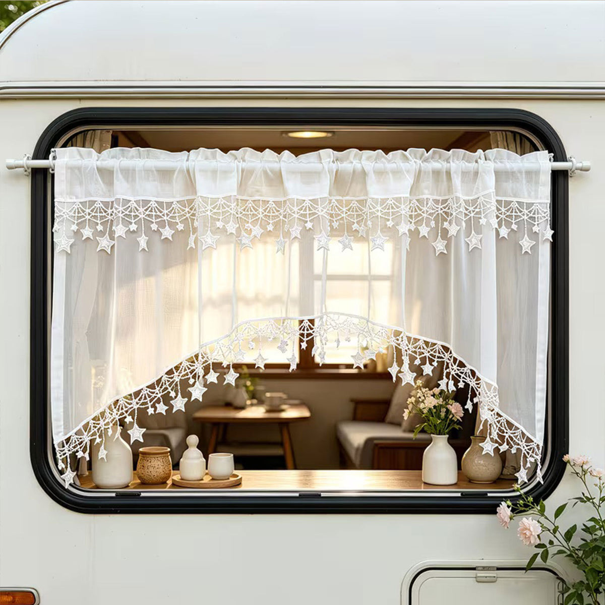 ⭐ Star Lace Trim Curtain: Arched Design, Rod Pocket, Premium Blend