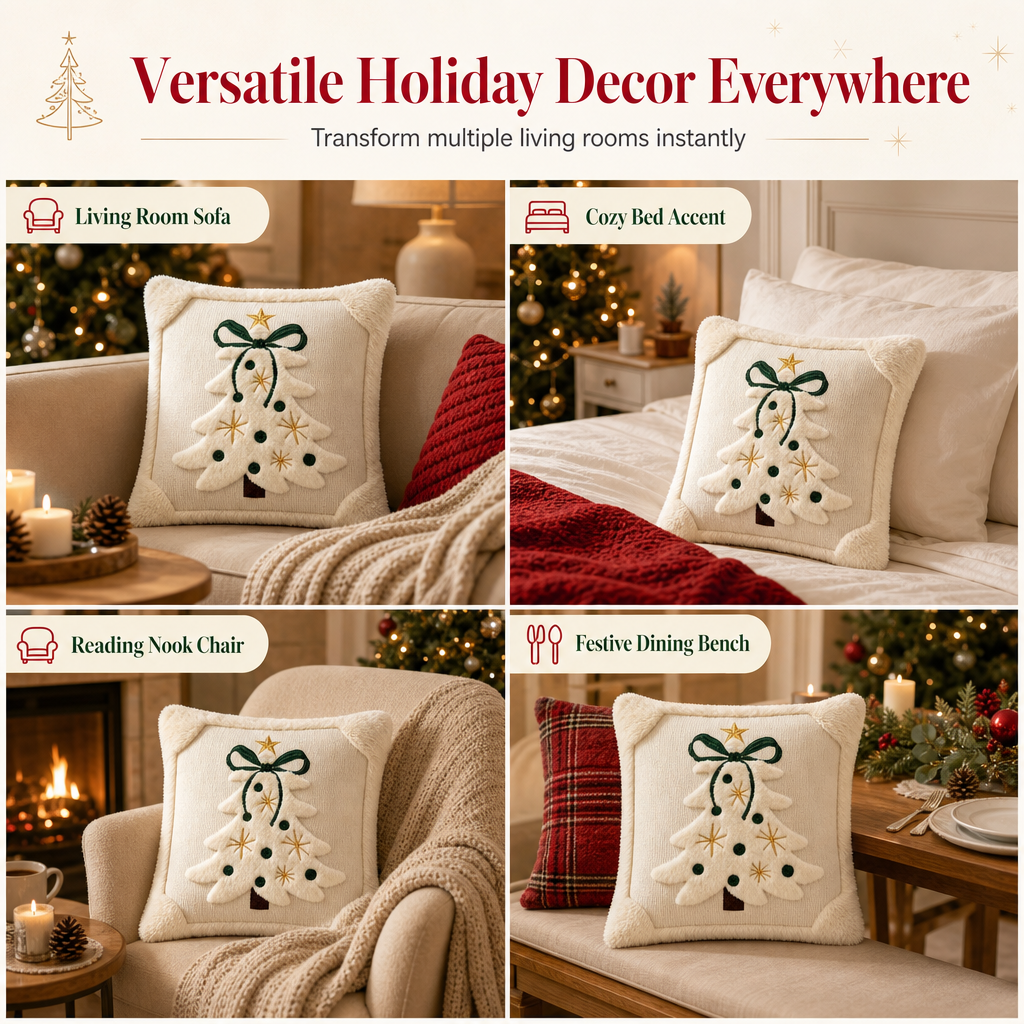 🎄 Embroidered Christmas Tree Throw Pillow Cover with Bow 45x45cm Decorative Cushion Cover for Living Room Sofa 🧸