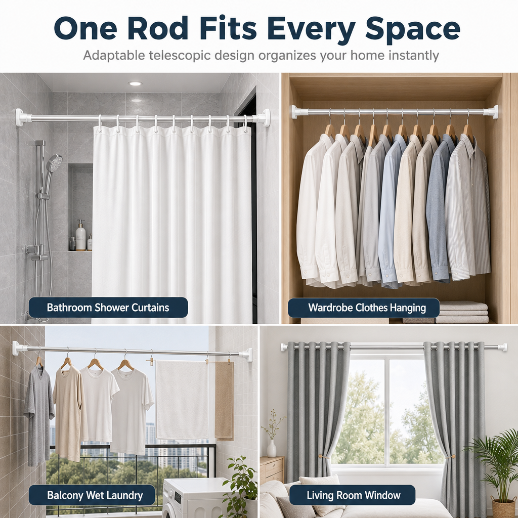 Straight Telescopic Shower Curtain Rod No Drill Adjustable Tension Window Curtain Pole and Clothes Drying Rod for Bathroom
