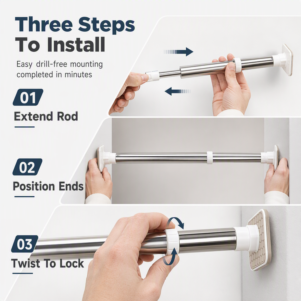 Straight Telescopic Shower Curtain Rod No Drill Adjustable Tension Window Curtain Pole and Clothes Drying Rod for Bathroom