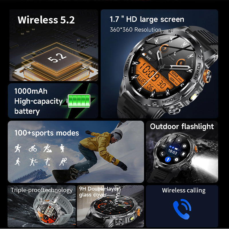 ⌚ Smart Watch: 1000mAh Battery, 1.7" HD Display, 100+ Sports Modes, LED Flashlight, Interchangeable Straps