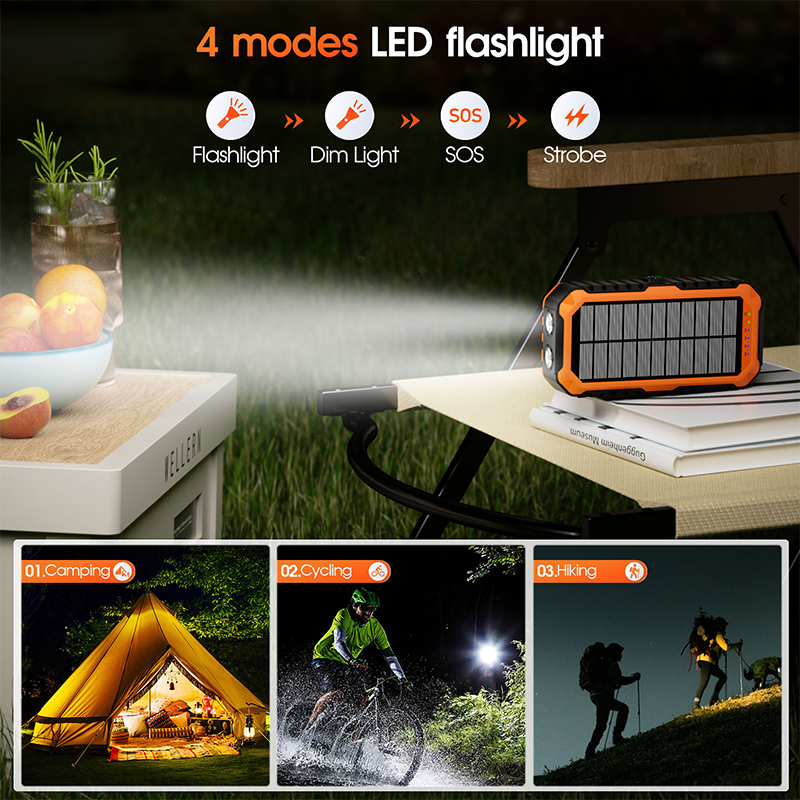 Solar Power Bank with Built-in Cables & Flashlight