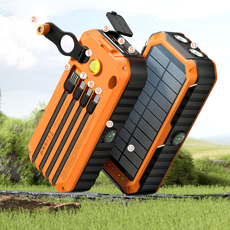 Solar Power Bank with Built-in Cables & Flashlight