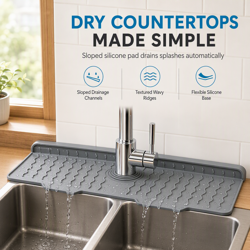 💧 Food Grade Silicone Faucet Splash Guard Mat – Cuttable & Thickened, Sloped Draining Pad | No More Splash or Wet Countertops