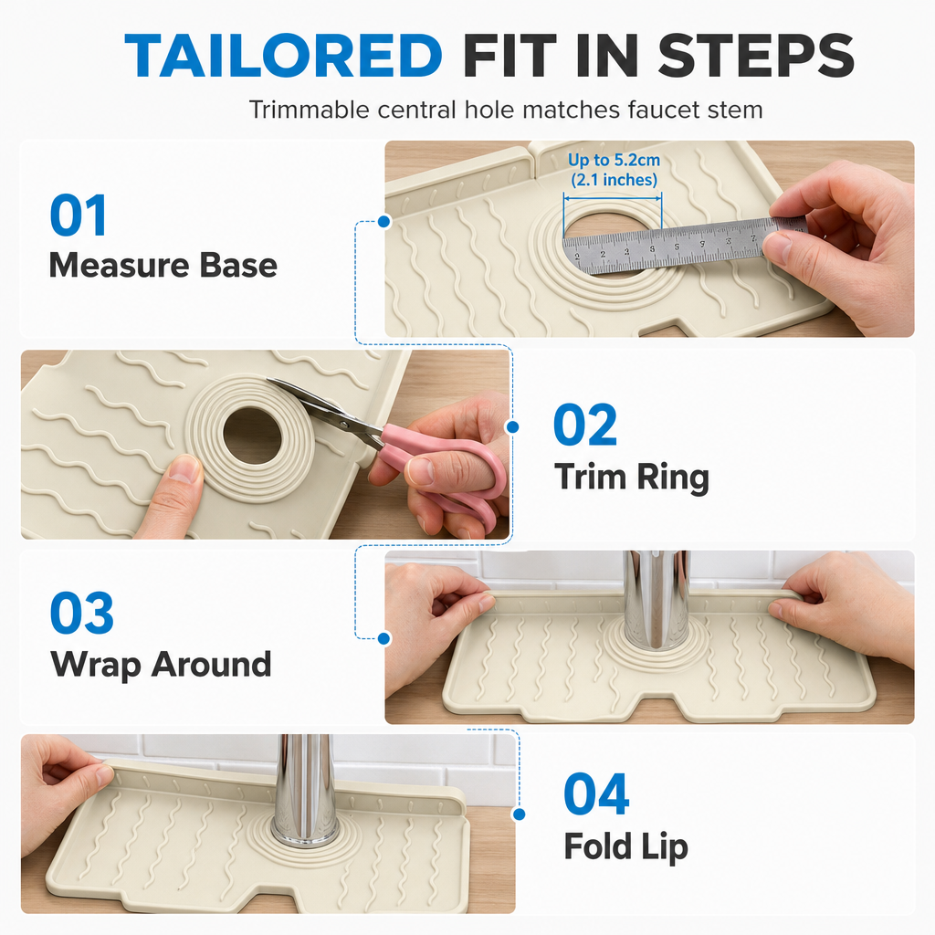 💧 Food Grade Silicone Faucet Splash Guard Mat – Cuttable & Thickened, Sloped Draining Pad | No More Splash or Wet Countertops
