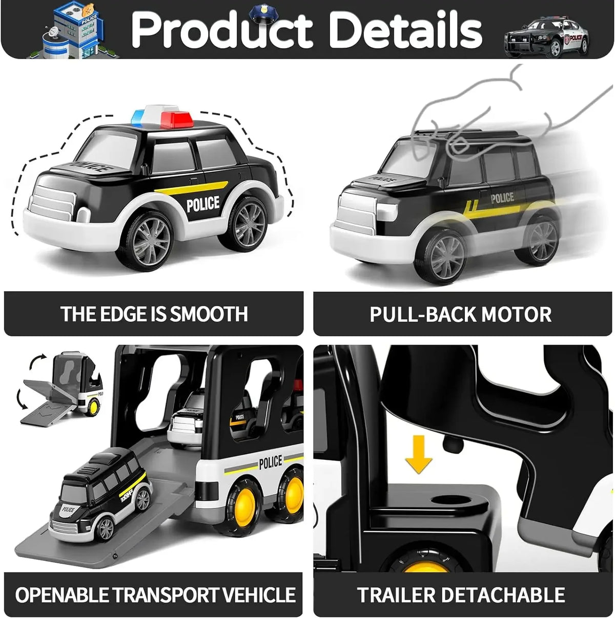 Police Truck Toys Toddlers 7 in 1 Truck Friction Power Toy Car Christmas Birthday Gifts for Boys & Girls 3-5 Years Old