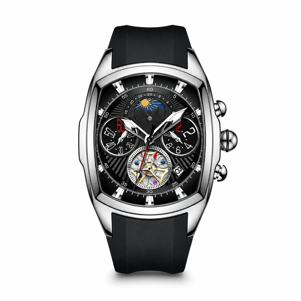 🕰️ Men's Tonneau Quartz Chronograph Watch with Skeleton Flywheel Dial Moon Phase Calendar and Silicone Strap