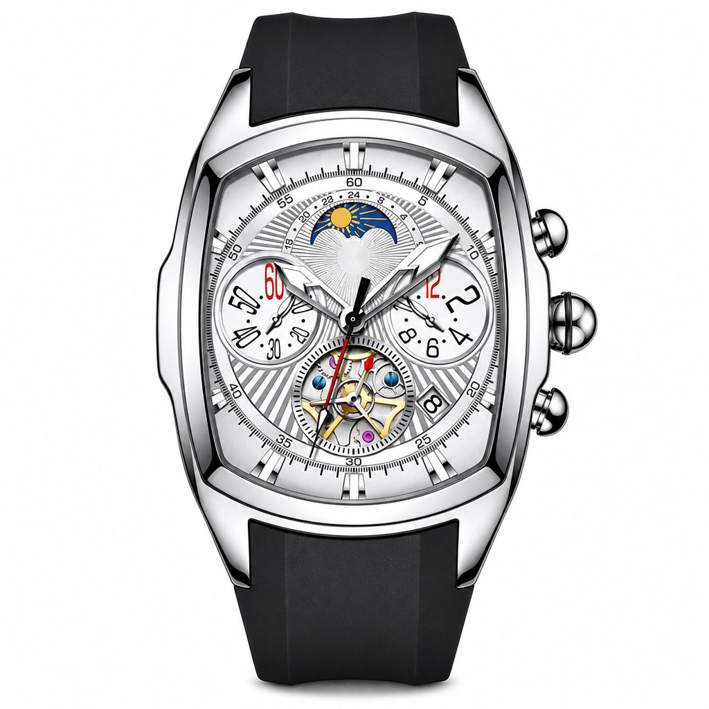 🕰️ Men's Tonneau Quartz Chronograph Watch with Skeleton Flywheel Dial Moon Phase Calendar and Silicone Strap