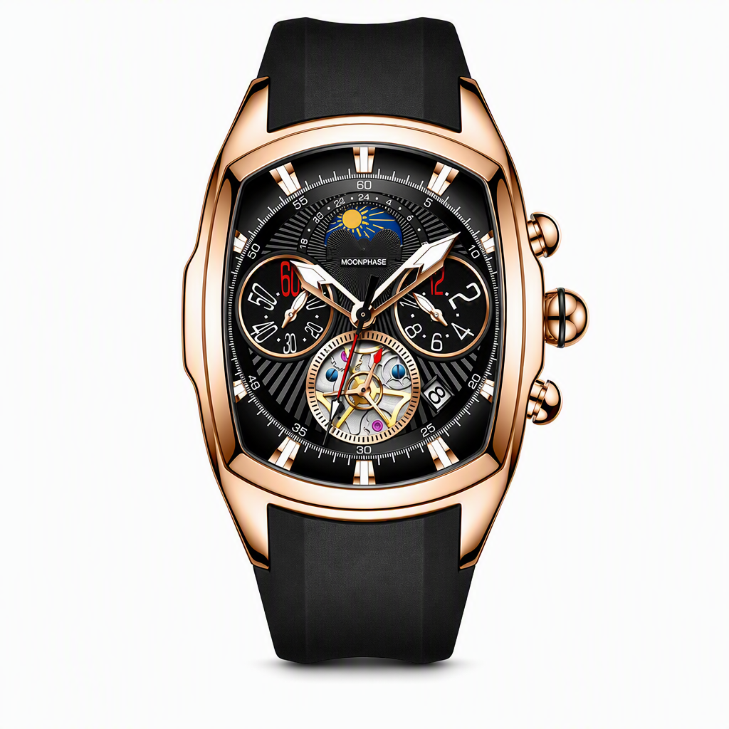 🕰️ Men's Tonneau Quartz Chronograph Watch with Skeleton Flywheel Dial Moon Phase Calendar and Silicone Strap