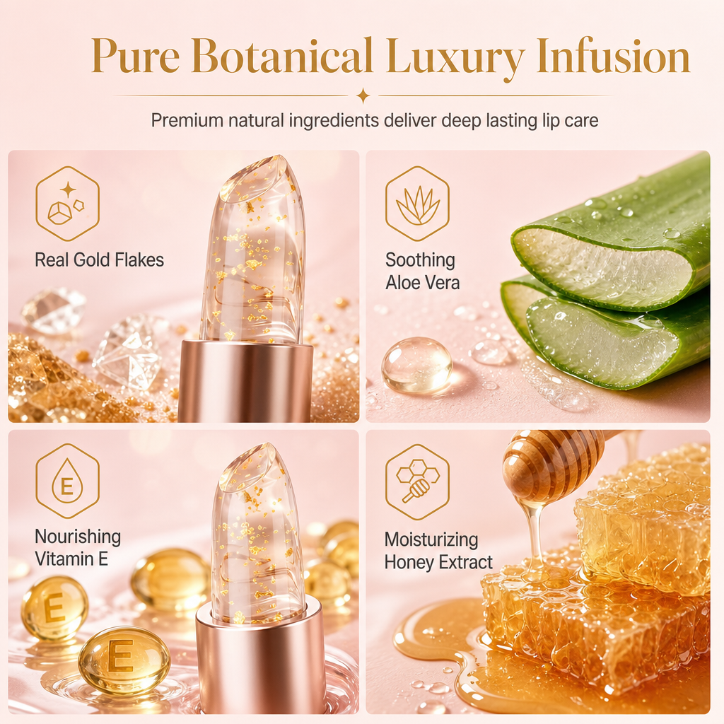 📢📢50% OFF !! ⏰Gold Foil Temperature Color Changing Lip Balm💄 – Moisturizing Custom Pink Tint with Glossy Gold Finish ✨