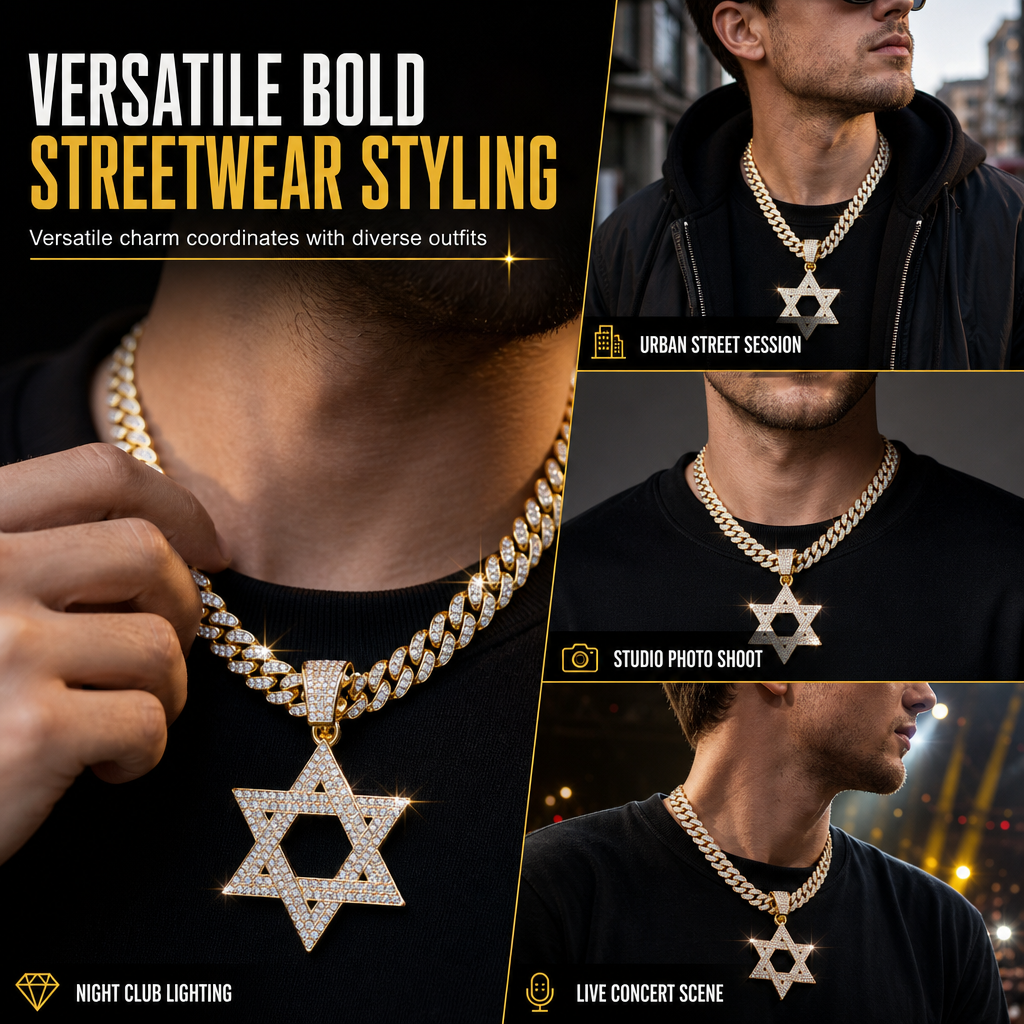 Hip Hop Iced Out Rhinestone Hollow Star of David with 50cm Chain