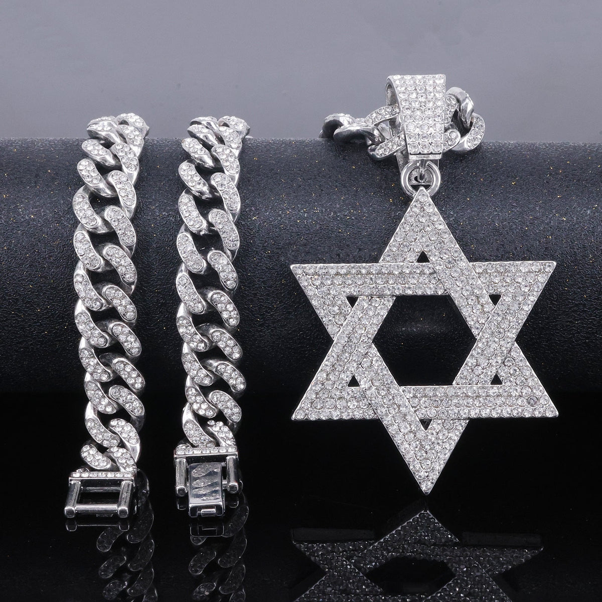 Hip Hop Iced Out Rhinestone Hollow Star of David with 50cm Chain