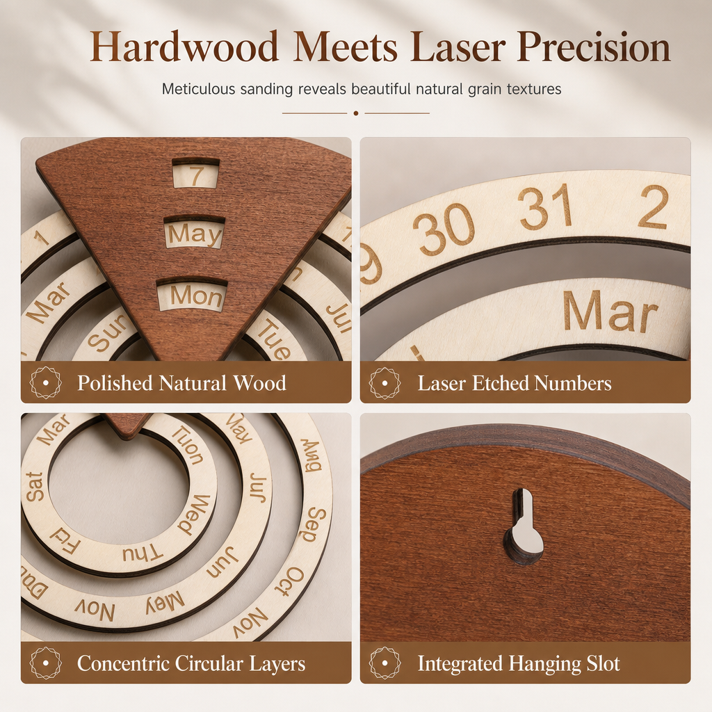📢📢50% OFF !! ⏰ Circular Wooden Rotating Perpetual Calendar – Artistic, Interactive, Timeless ✨