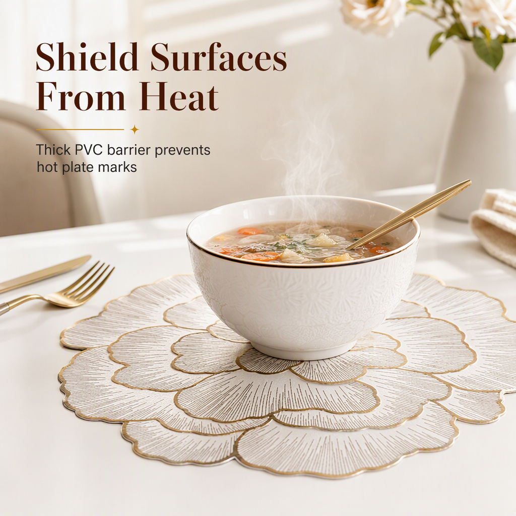 ⏳Limited-time 50% off⏰Nordic Style Metallic Peony Flower PVC Placemat | Heat Resistant Non Slip Waterproof Dining Table Mat🍽️💛🌹