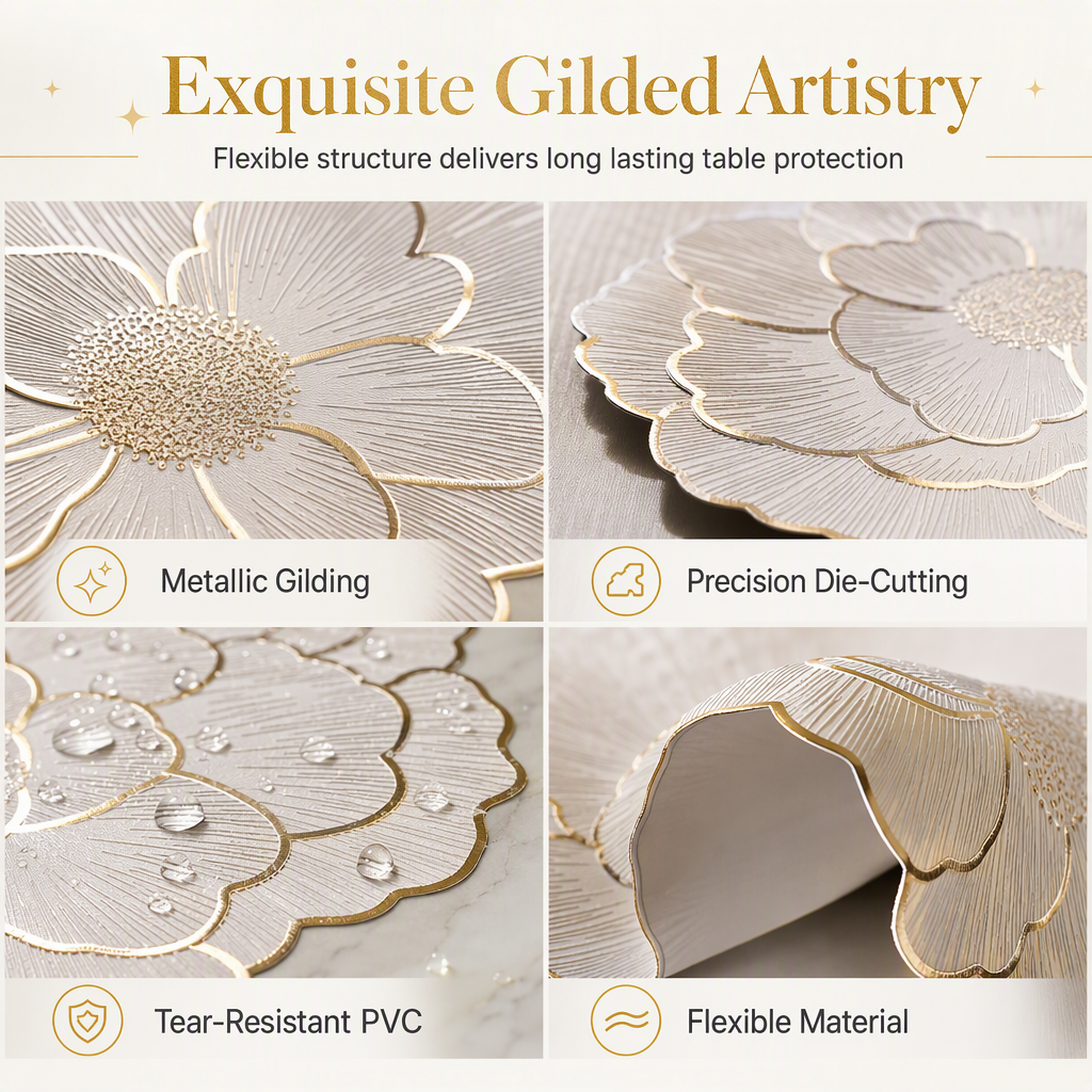 ⏳Limited-time 50% off⏰Nordic Style Metallic Peony Flower PVC Placemat | Heat Resistant Non Slip Waterproof Dining Table Mat🍽️💛🌹