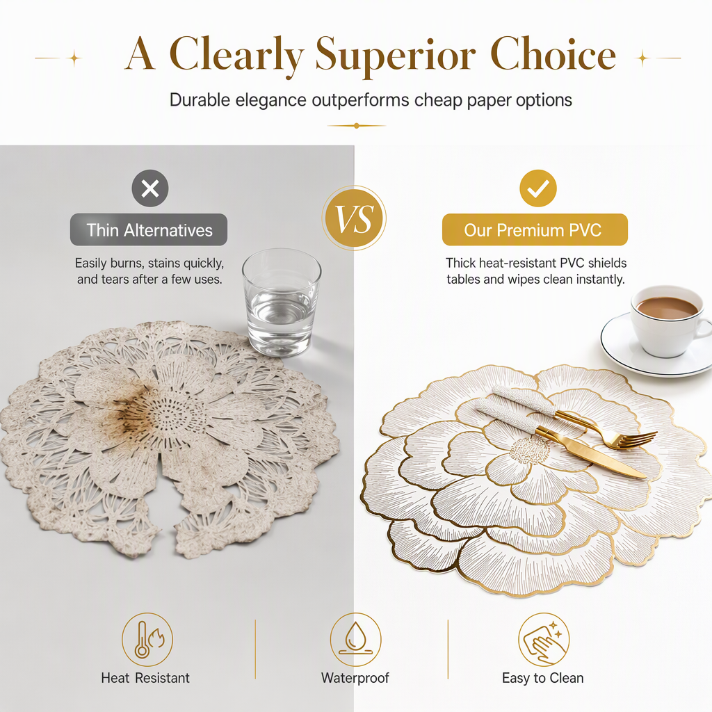 ⏳Limited-time 50% off⏰Nordic Style Metallic Peony Flower PVC Placemat | Heat Resistant Non Slip Waterproof Dining Table Mat🍽️💛🌹
