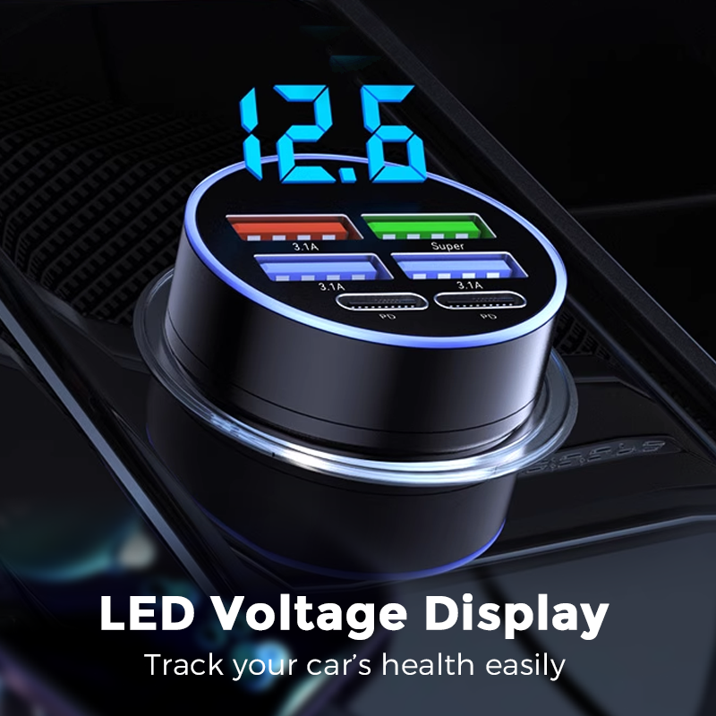 6-In-1 Car Fast Phone Charger with Voltage Display
