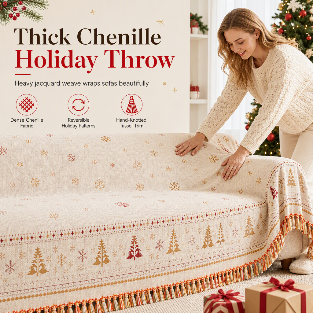 ⏳Time-Limited Special⏰Thickened Christmas Chenille Sofa Cover – Full Coverage Cat Scratch & Stain Resistant Couch Slipcover🎄🎅🛋️