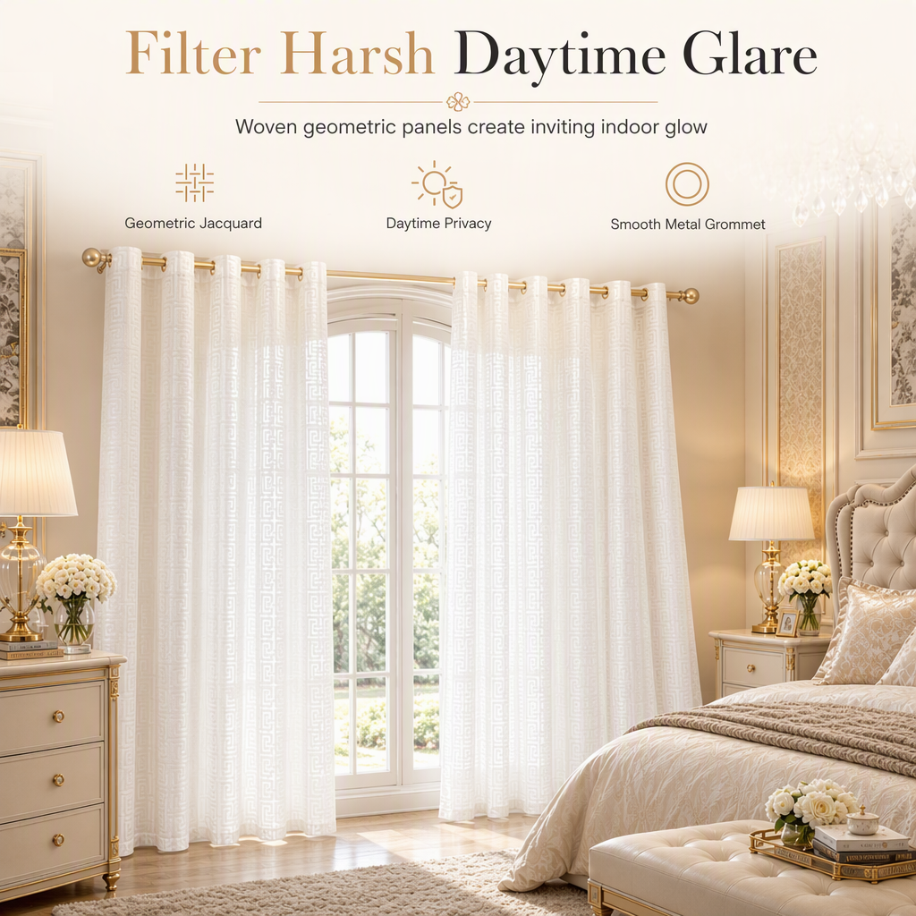 Geometric Jacquard Sheer Curtain Panel for Living Room