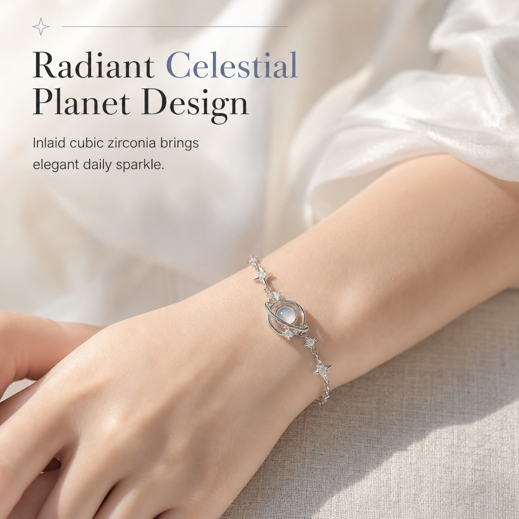 ⏳Limited-time 50% off💥 S925 Sterling Silver Planet & Star Charm Bracelet – Crystal Inlaid Celestial Chain with Luminescent Planet Sphere & Pavé CZ Stars, Hypoallergenic Featherlight 5g Dainty Gift for Women & Girls 🪐