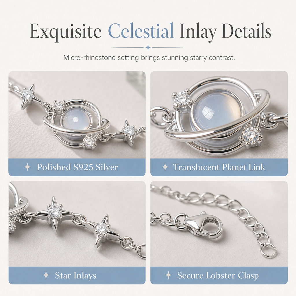 ⏳Limited-time 50% off💥 S925 Sterling Silver Planet & Star Charm Bracelet – Crystal Inlaid Celestial Chain with Luminescent Planet Sphere & Pavé CZ Stars, Hypoallergenic Featherlight 5g Dainty Gift for Women & Girls 🪐