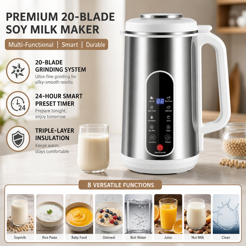 Multi-Functional 304 Stainless Steel Soy Milk Maker and High- Blender Large Capacity Filter-Free Household Food Processor with Smart Timer