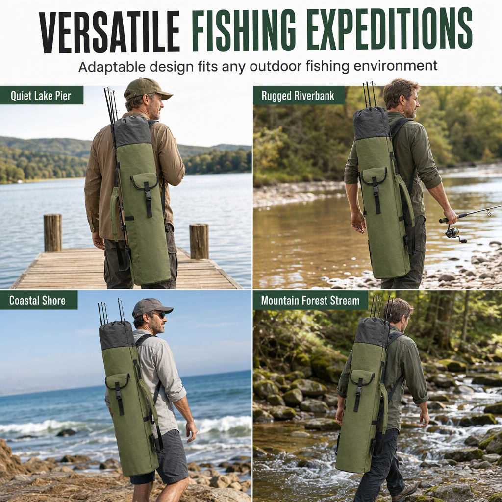 📢📢50% OFF !! ⏰Folding Cylindrical Fishing Rod Bag Drawstring Fishing Tackle Storage Carrier for Reservoir and Lure Fishing