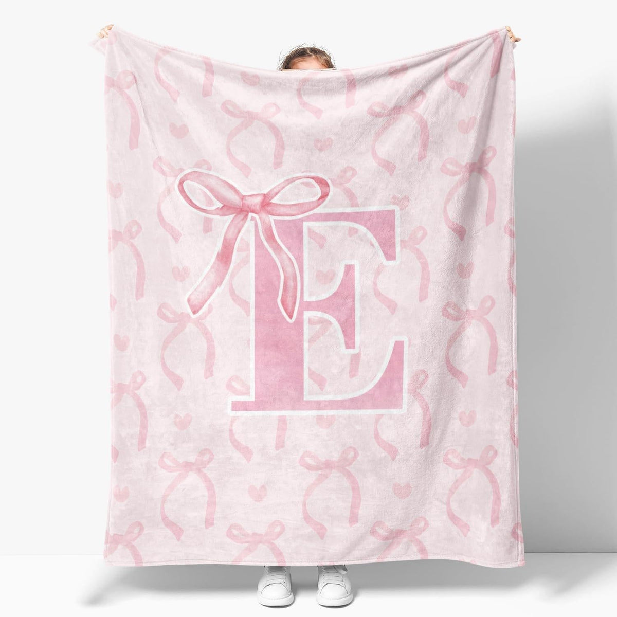 Double Layer Thickened Flannel Throw Blanket with Cute Cartoon Bowknot Letter Print Soft Double Sided Air Conditioning Blanket
