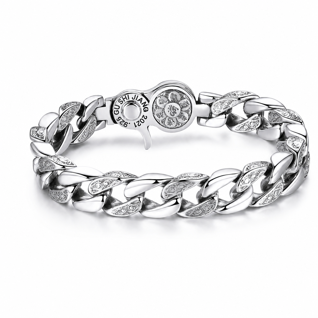 Vintage Silver Plated Rotatable Six Character Mantra for Men Wide Band Spinning Buddhist Jewelry