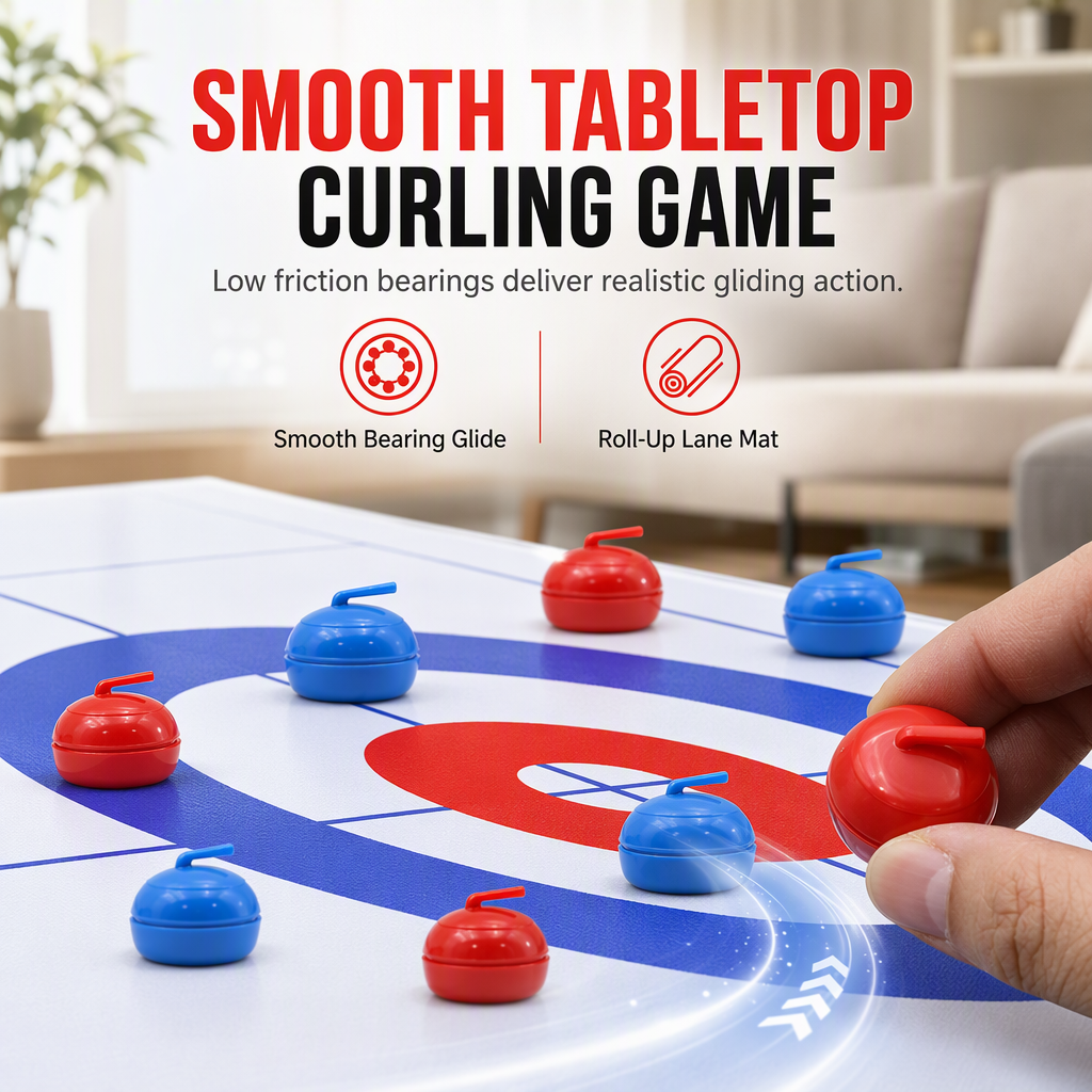 Tabletop Mini Curling Game Set with Roll Up Mat and Plastic Curling Stones Interactive Indoor Board Game for Kids and Adults