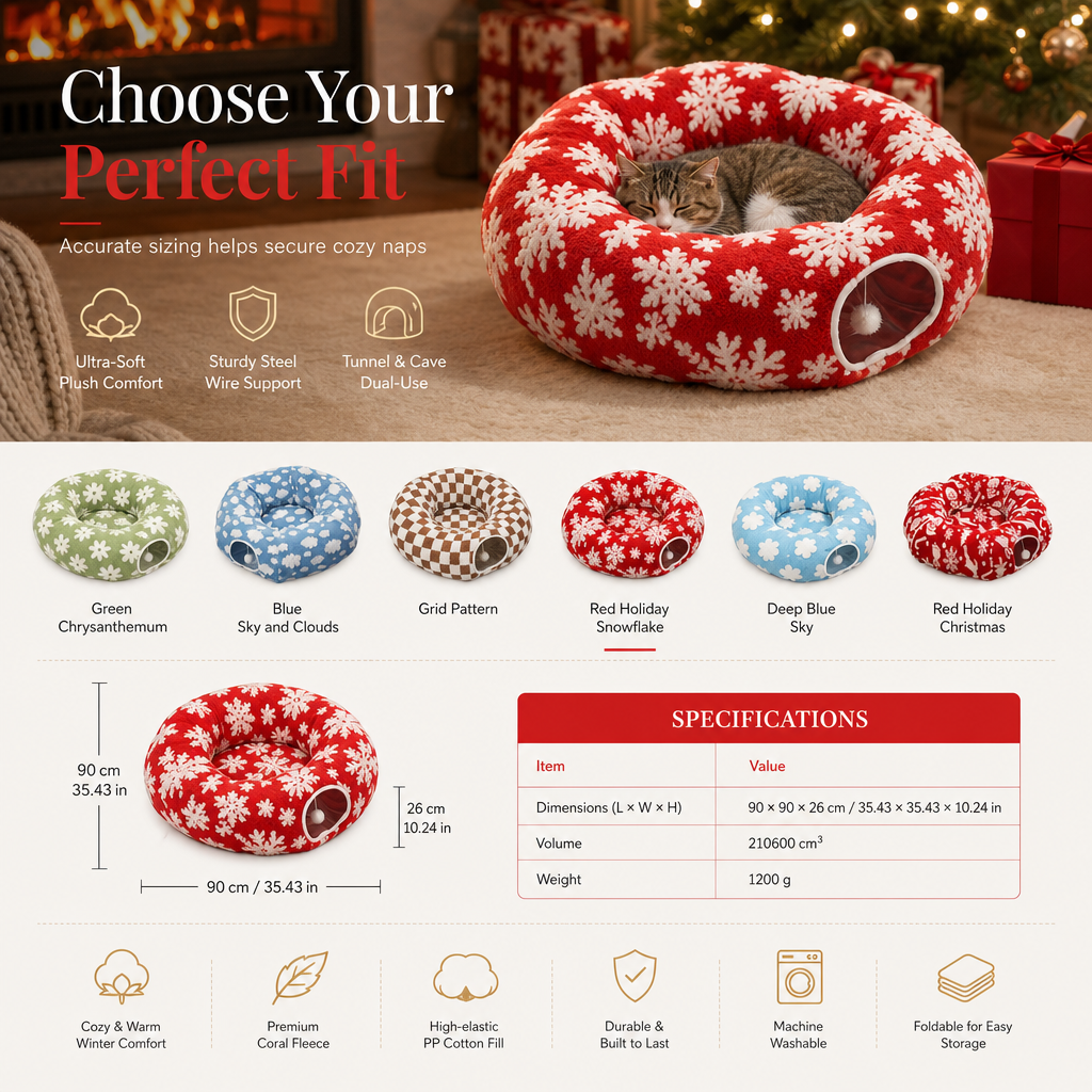 Christmas Series Donut Cat Tunnel Bed Removable and Washable Pet Cushion Bed Play Mat for Cats