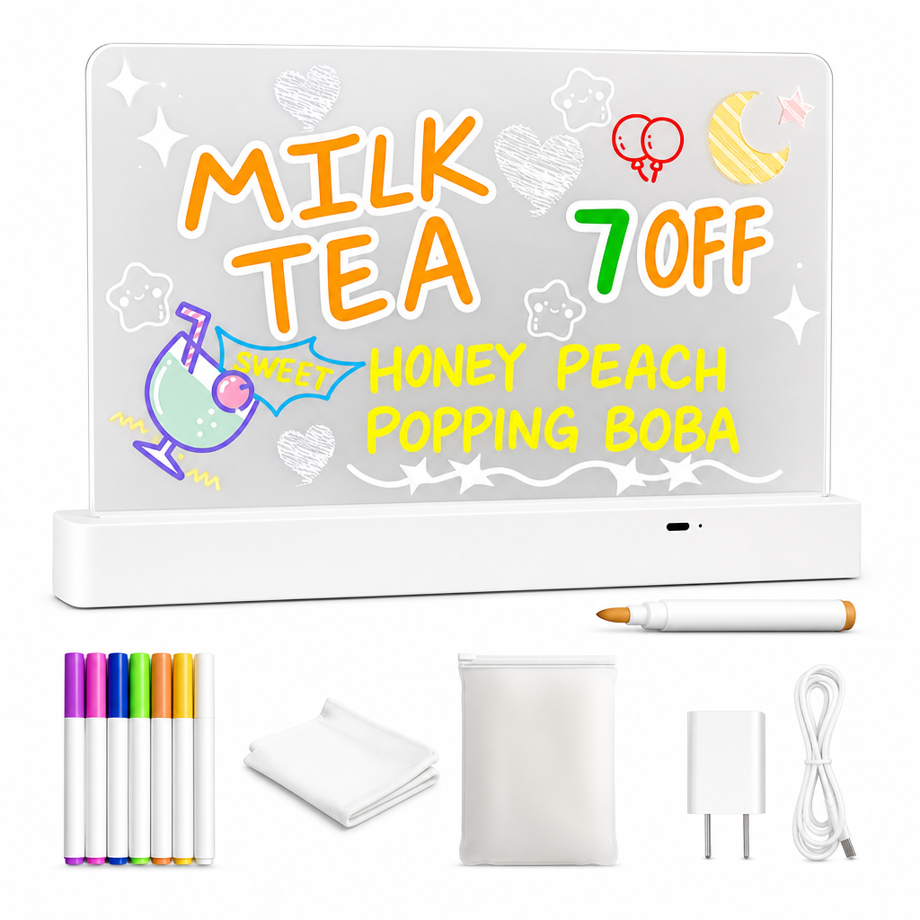 Rechargeable LED Light Up Acrylic Dry Erase Board Desktop Erasable Glowing Note Board with Stand for Message and Price Display