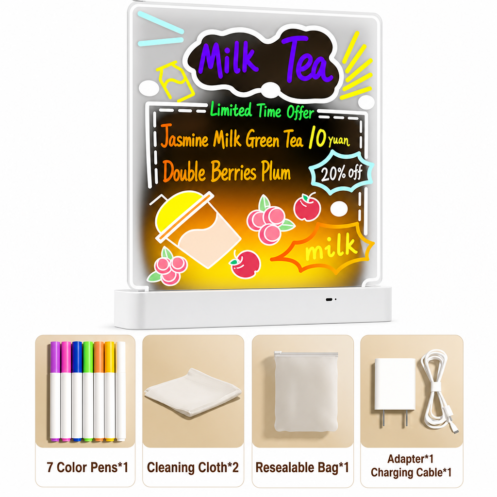 Rechargeable LED Light Up Acrylic Dry Erase Board Desktop Erasable Glowing Note Board with Stand for Message and Price Display