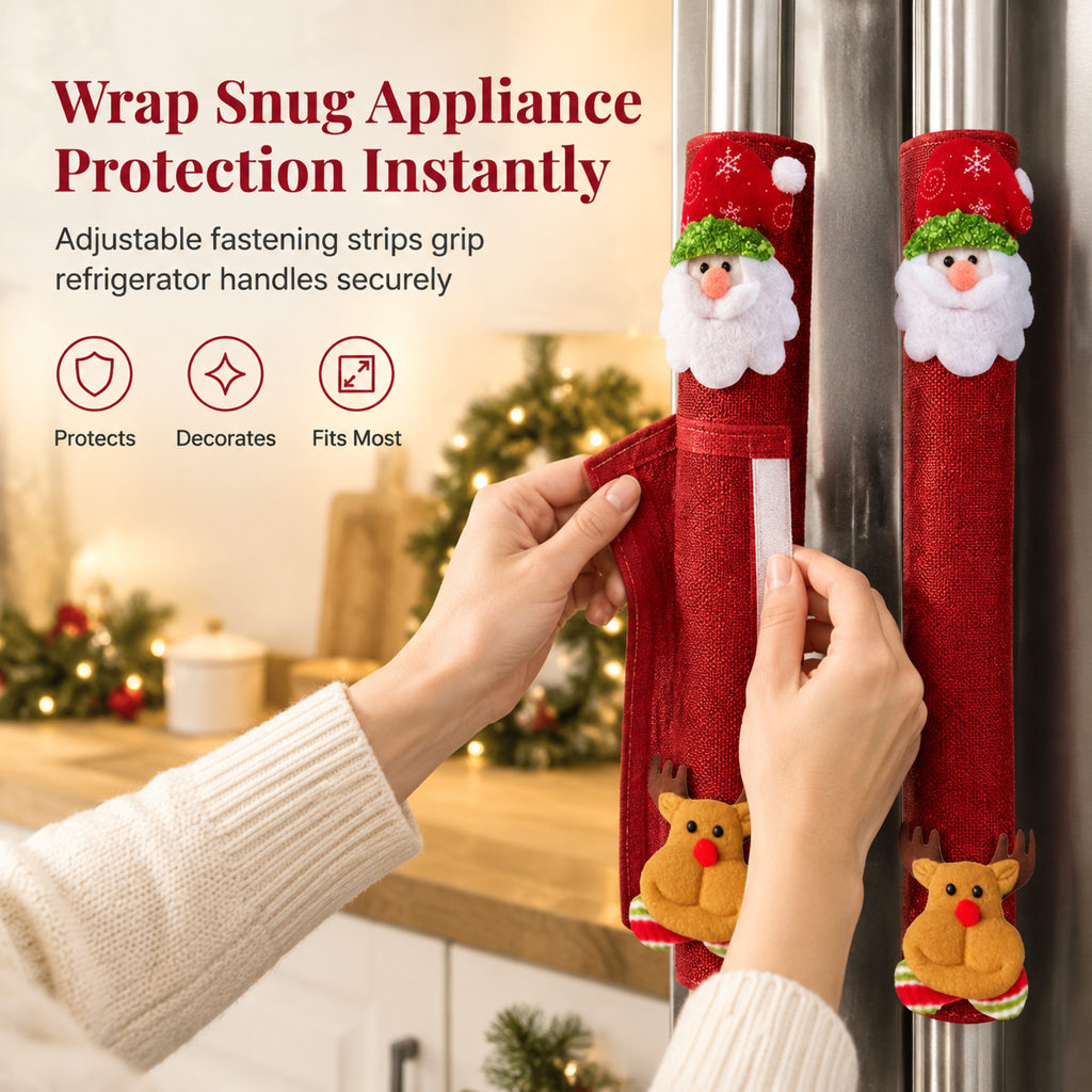 Christmas Burlap Refrigerator Door Handle Covers Holiday Kitchen Appliance Protectors for Microwave and Fridge