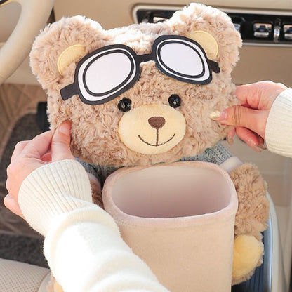 🧸🚗Cute Aviator Bear Plush Car Tissue Holder & Storage Bin | Strap Armrest Mount for Car Interior Decoration & Storage📦