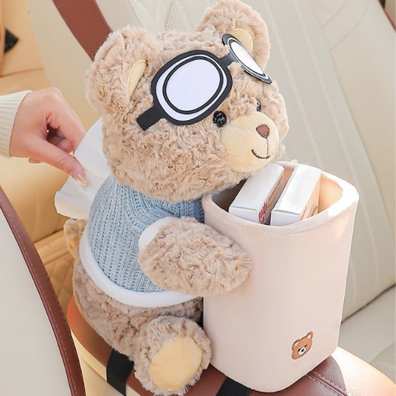 🧸🚗Cute Aviator Bear Plush Car Tissue Holder & Storage Bin | Strap Armrest Mount for Car Interior Decoration & Storage📦