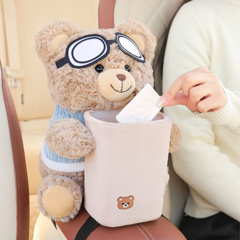🧸🚗Cute Aviator Bear Plush Car Tissue Holder & Storage Bin | Strap Armrest Mount for Car Interior Decoration & Storage📦